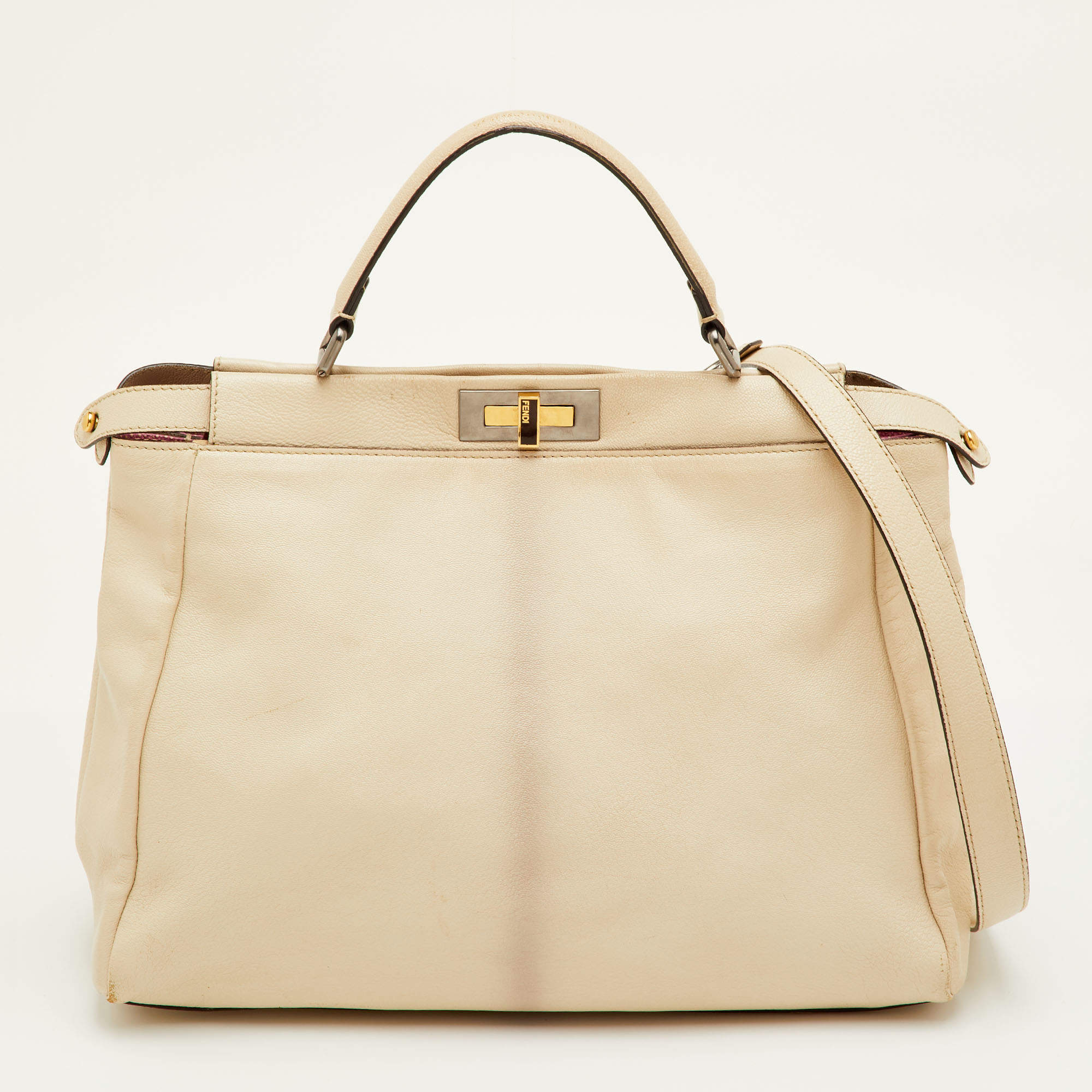 Pre Owned حقيبة يد علوية فندي بيكابو جلد كريمي كبيرة