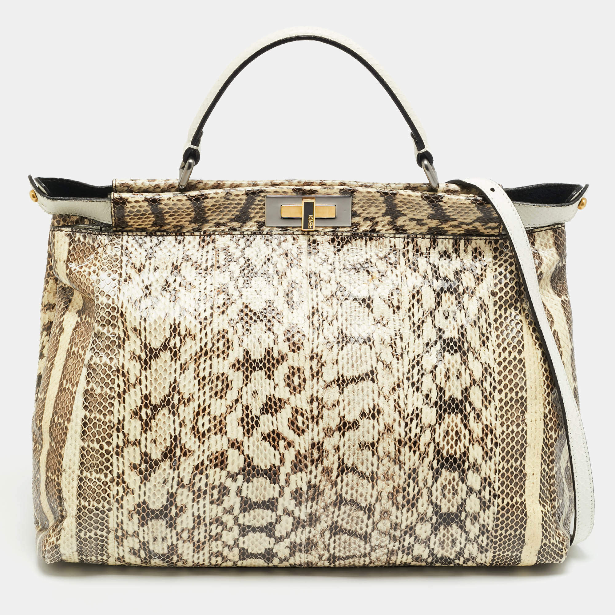 مملوكة مسبقًا Fendi Peekaboo Large Cream/White Python Leather Top Handle Bag