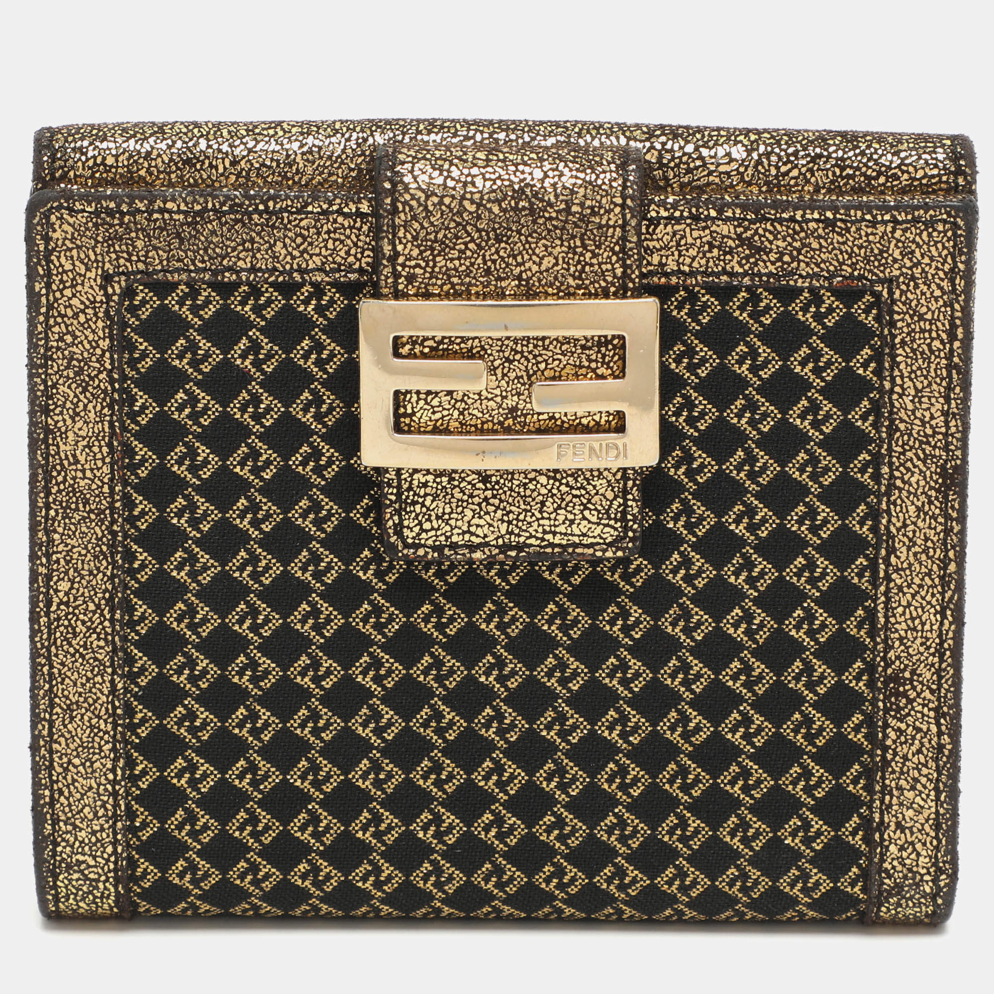 مملوكة مسبقًا Fendi Baguette Gold Canvas and Leather Bifold Wallet