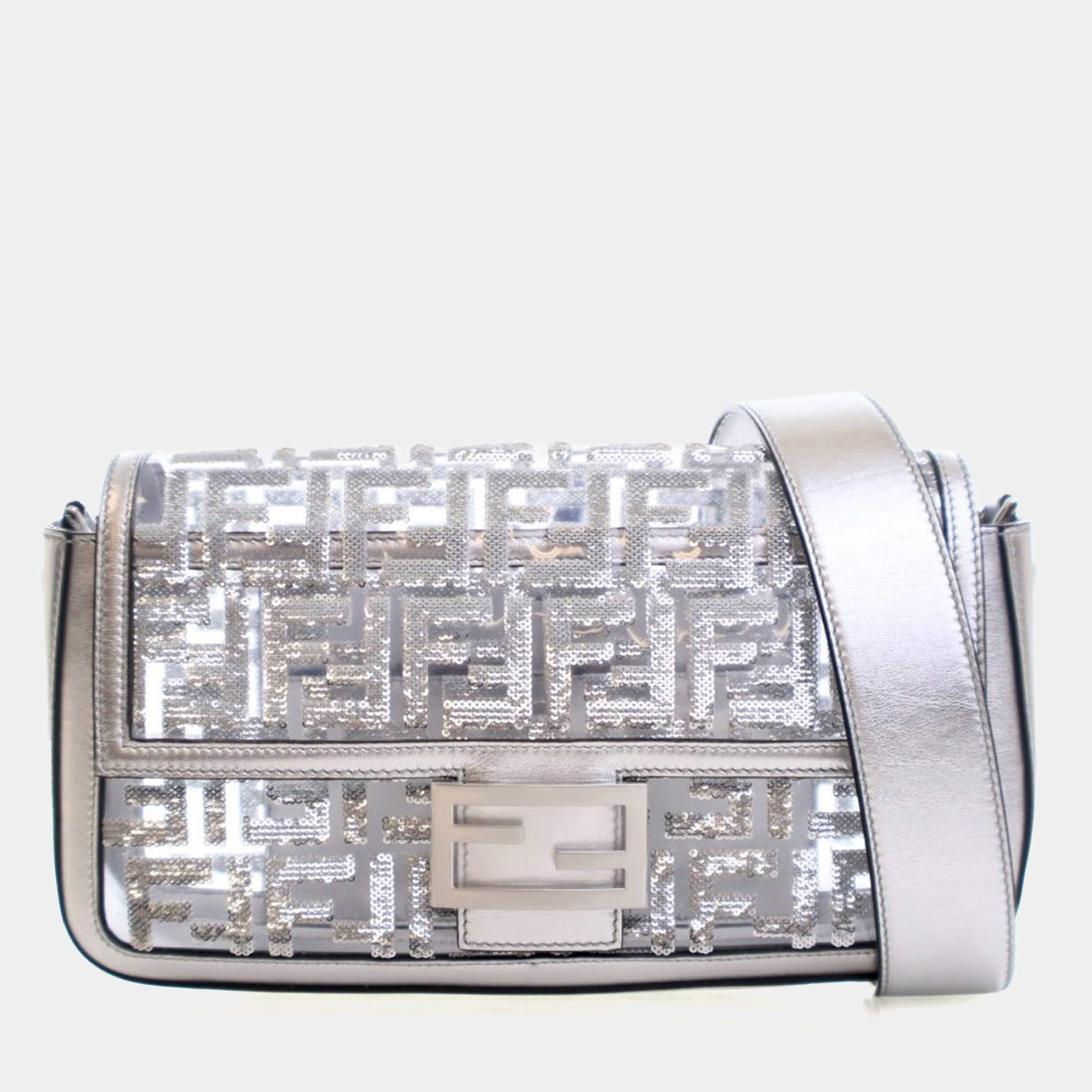 Pre Owned Fendi Medium Silver Sequin PVC Baguette