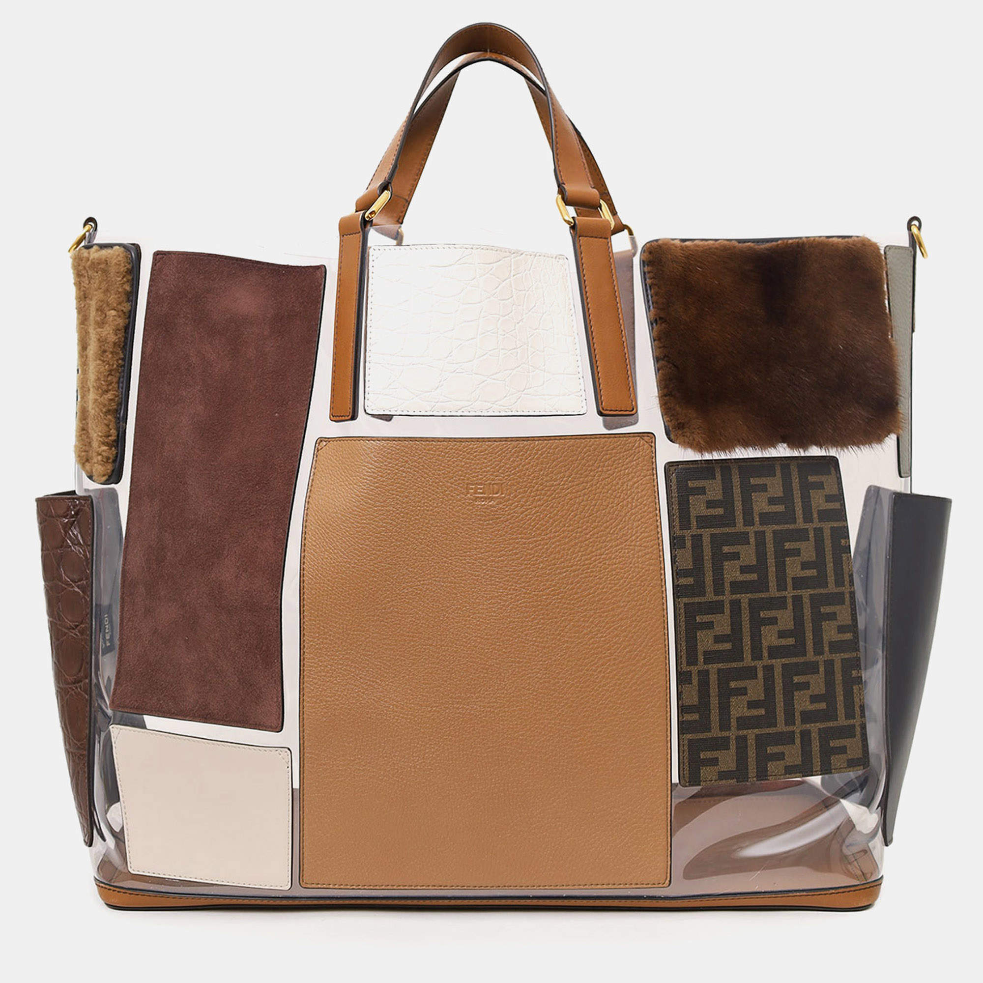 Pre Owned Fendi Brown Vinyl/Leather/Fur Forever Patch Pocket Tote