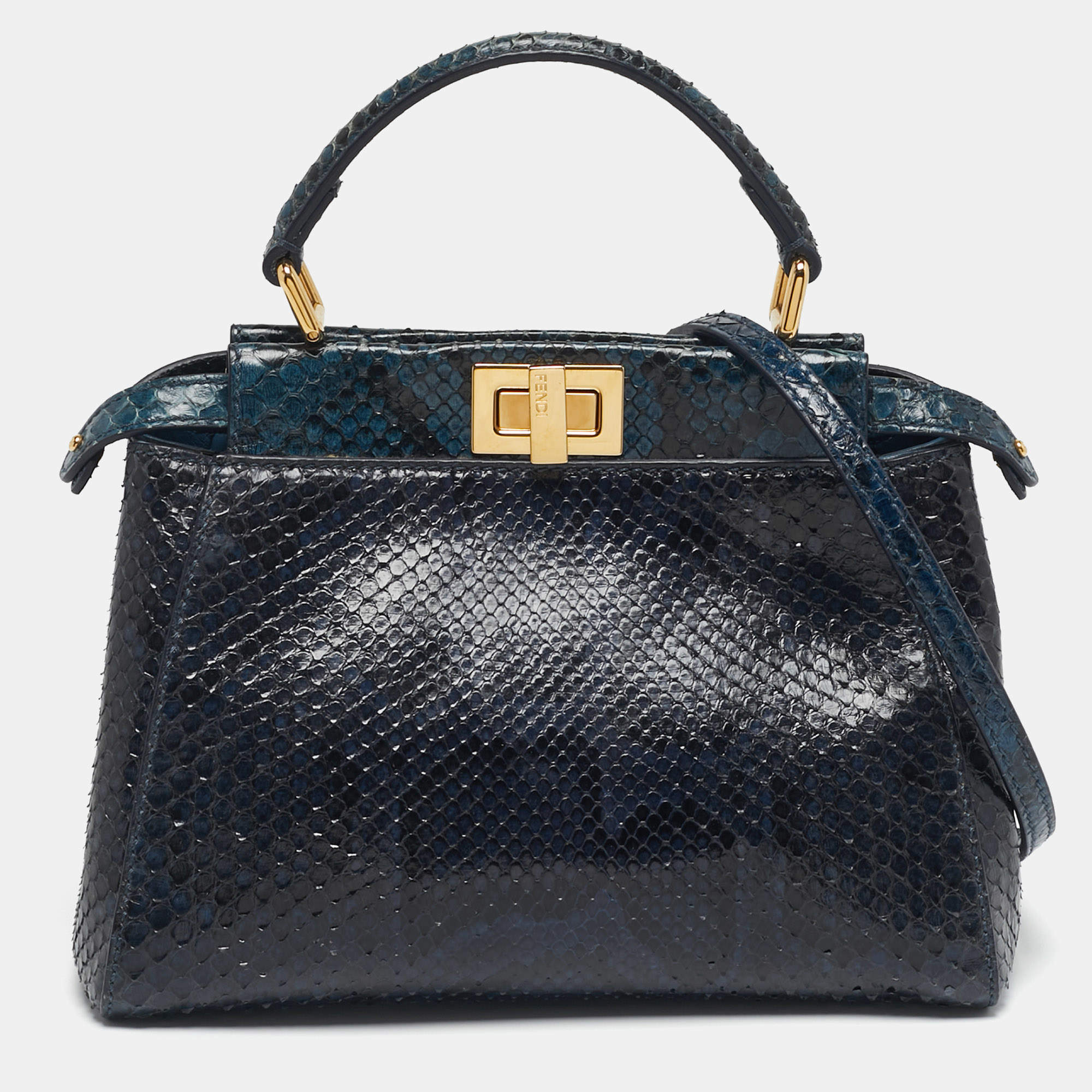 Pre Owned Fendi Peekaboo Navy Blue/Black Mini Python Top Handle Bag