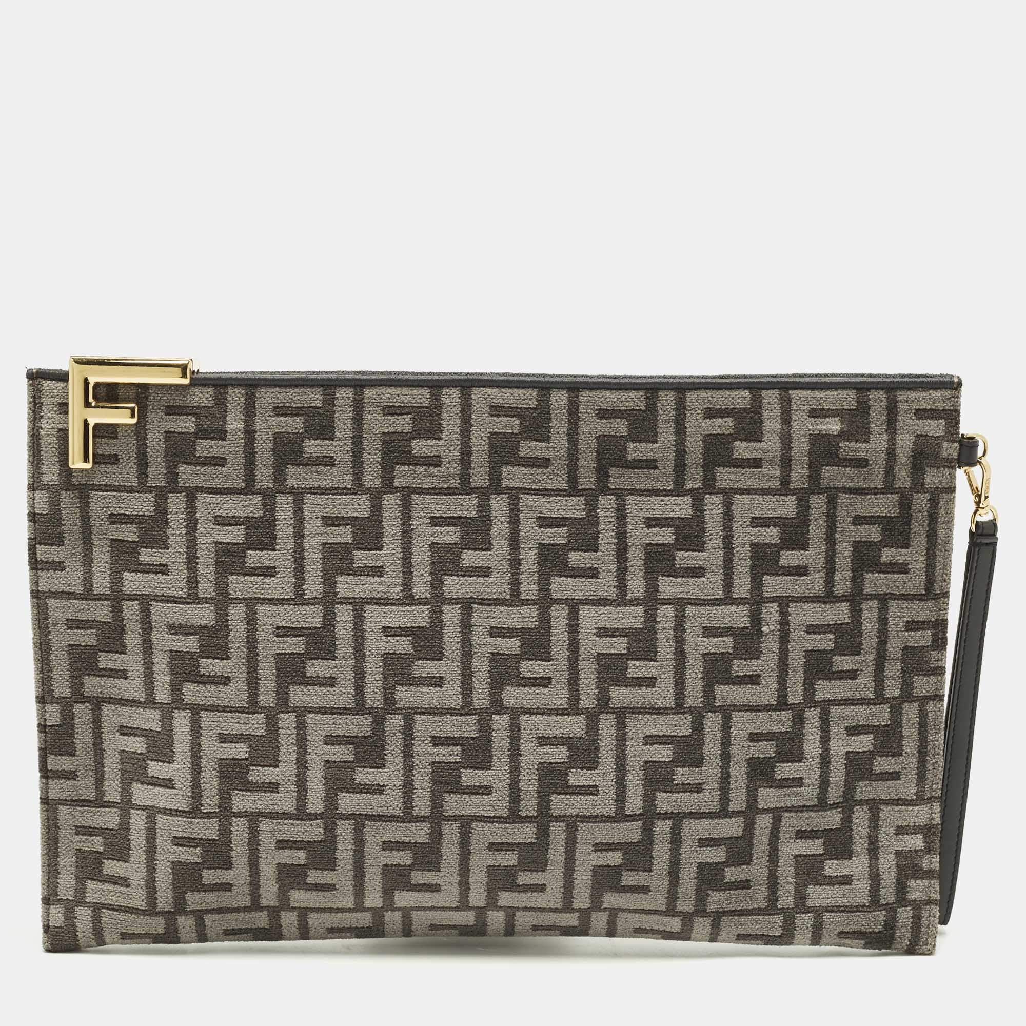 Pre Owned Fendi Logo Zip Grey/Black Zucca Velvet Flat Wristlet Clutch
