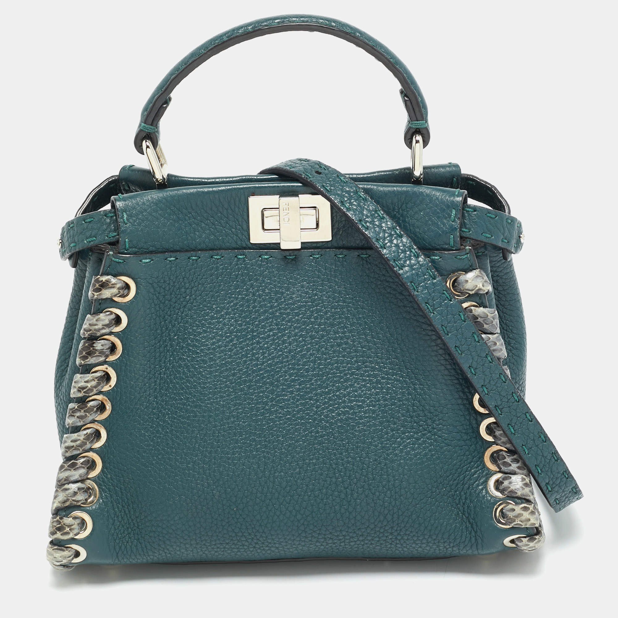 Pre Owned Fendi Whipstitch Peekaboo Small Dark Green Leather and Snakeskin Top Handle Bag