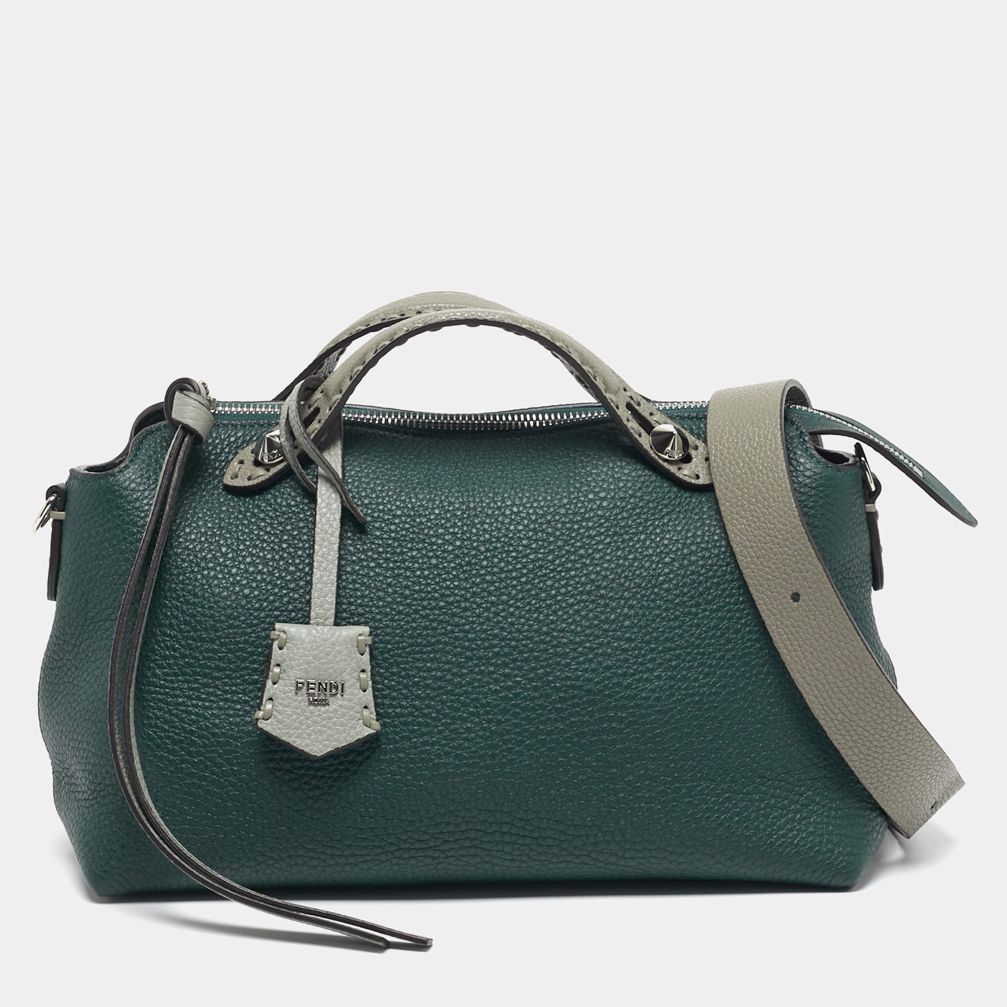 Pre Owned Fendi By The Way Selleria Medium Dark Green/Grey Leather Top Handle Bag
