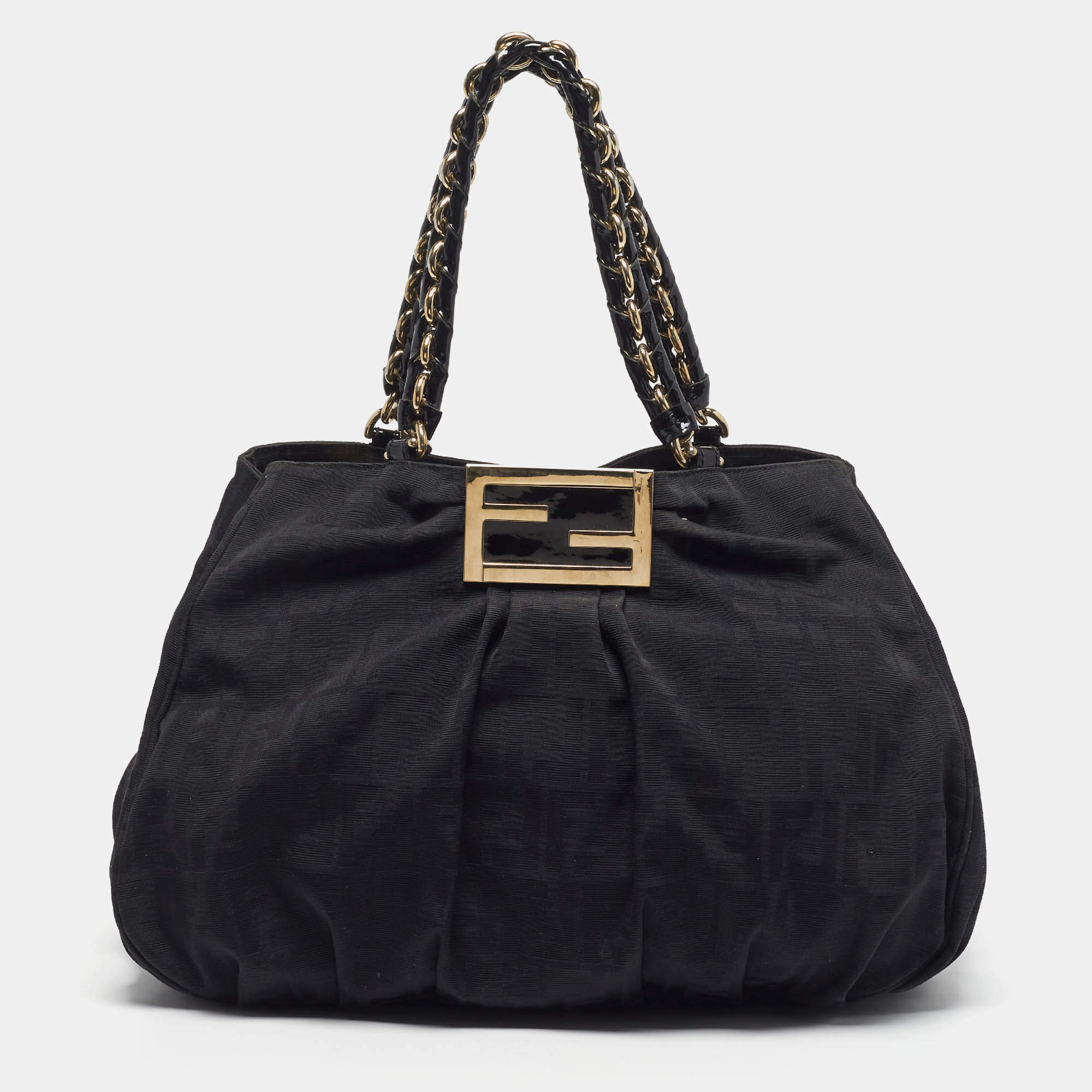 Pre Owned حقيبة كتف فندي ميا كبيرة قماش زوكا جلد وبراءات جلدية سوداء