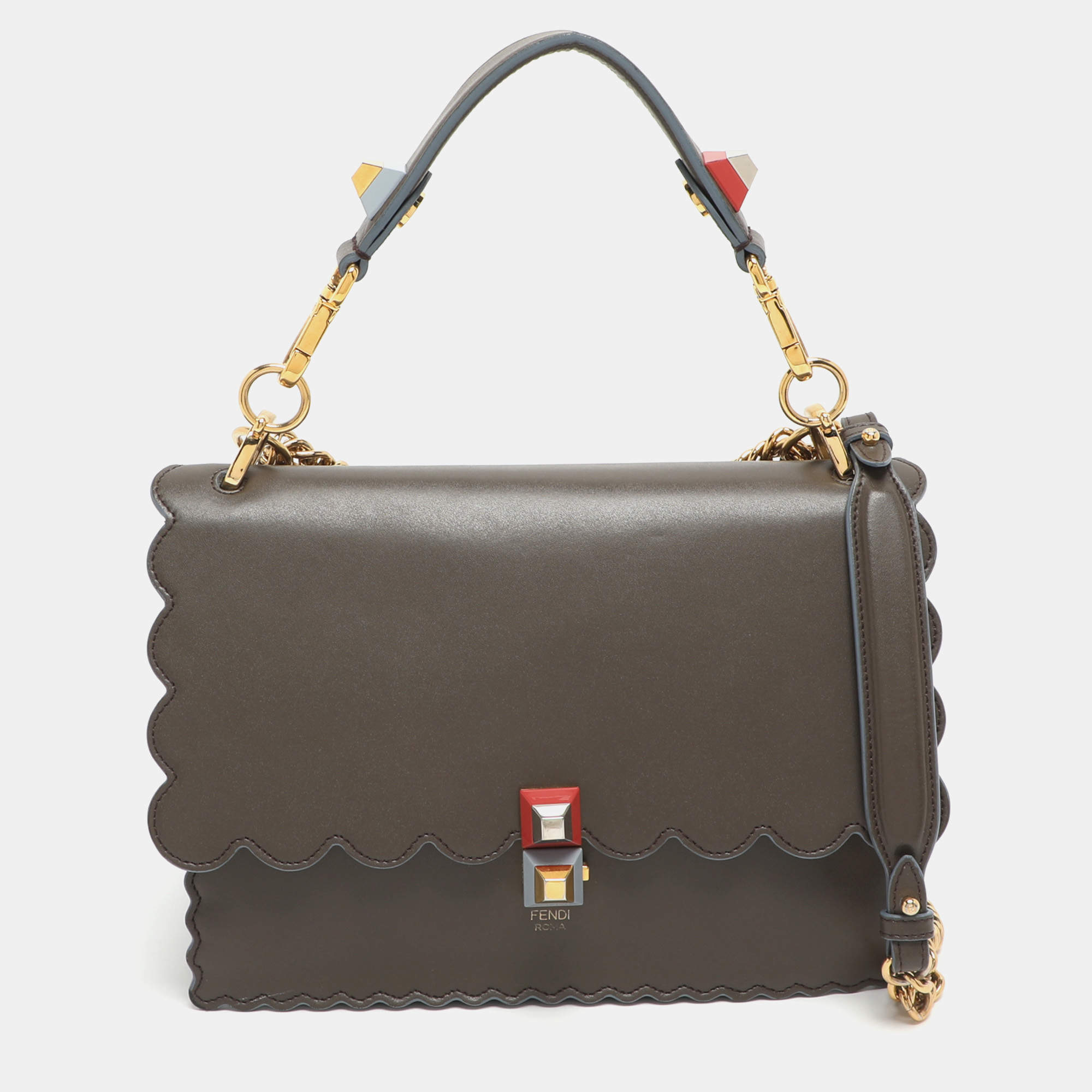 Pre Owned Fendi Scalloped Kan I Medium Dark Beige Leather Shoulder Bag