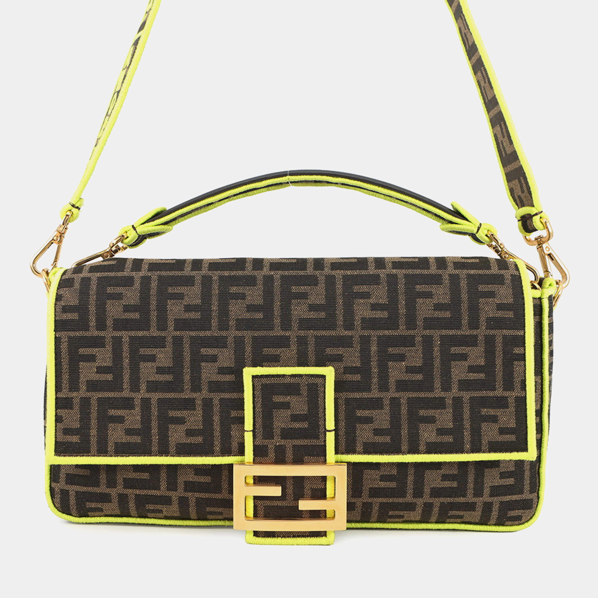 Pre Owned Fendi Zucca Mamma Bucket 2-Way Shoulder Bag Brown/Neon Yellow Canvas Size Large