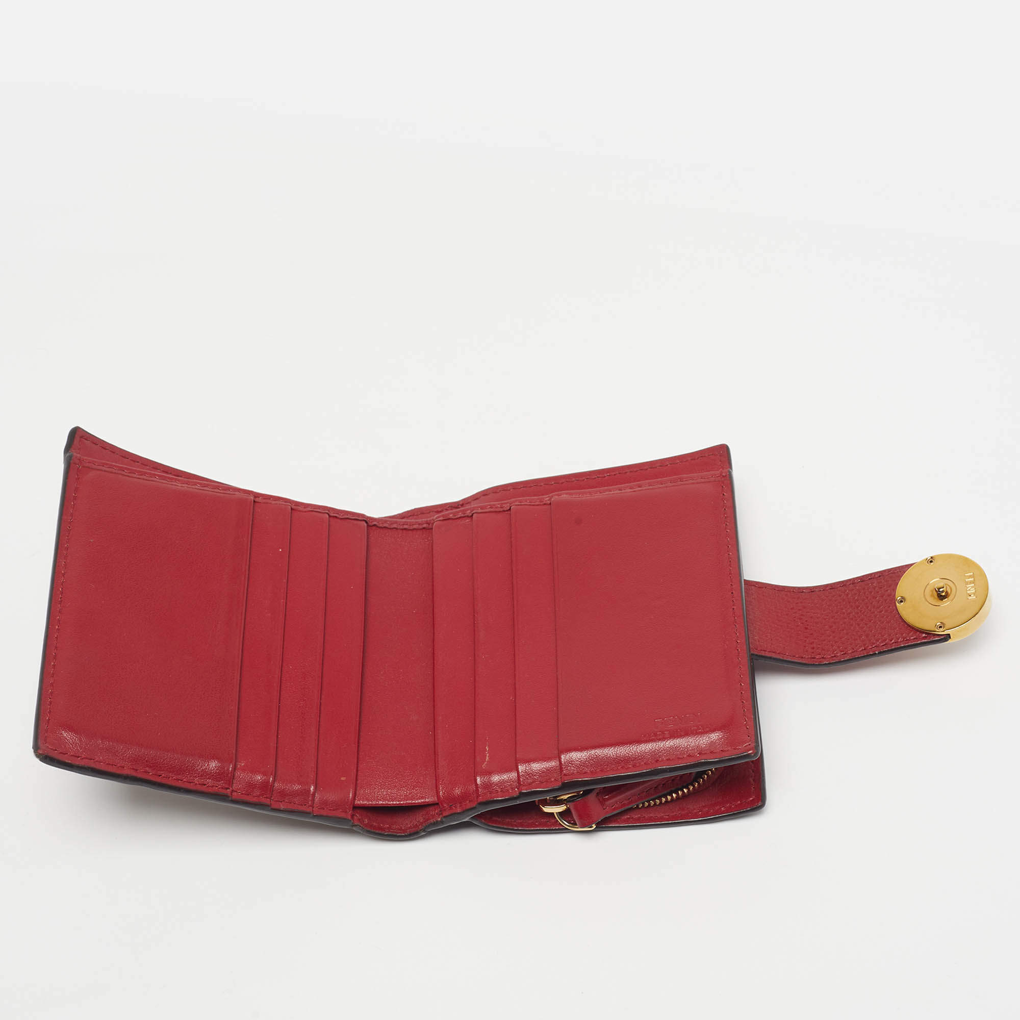 Pre Owned Fendi F is Fendi Tobacco/Red Zucca Leather Compact Wallet