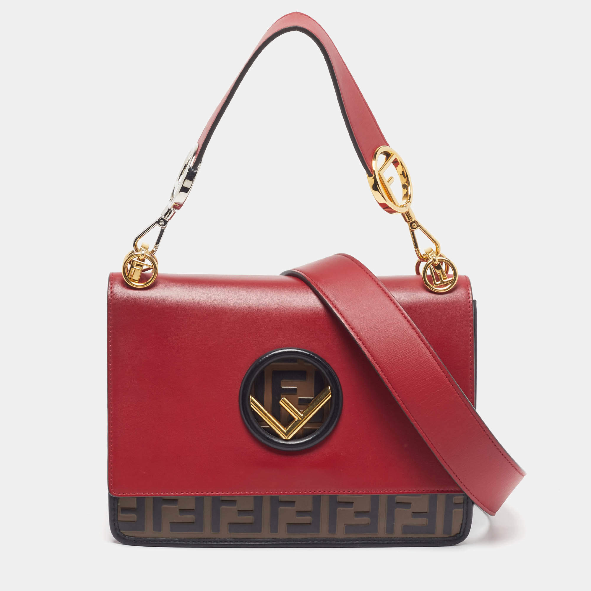 Pre Owned Fendi Kan I F Red/Black Zucca Embossed Leather Top Handle Bag
