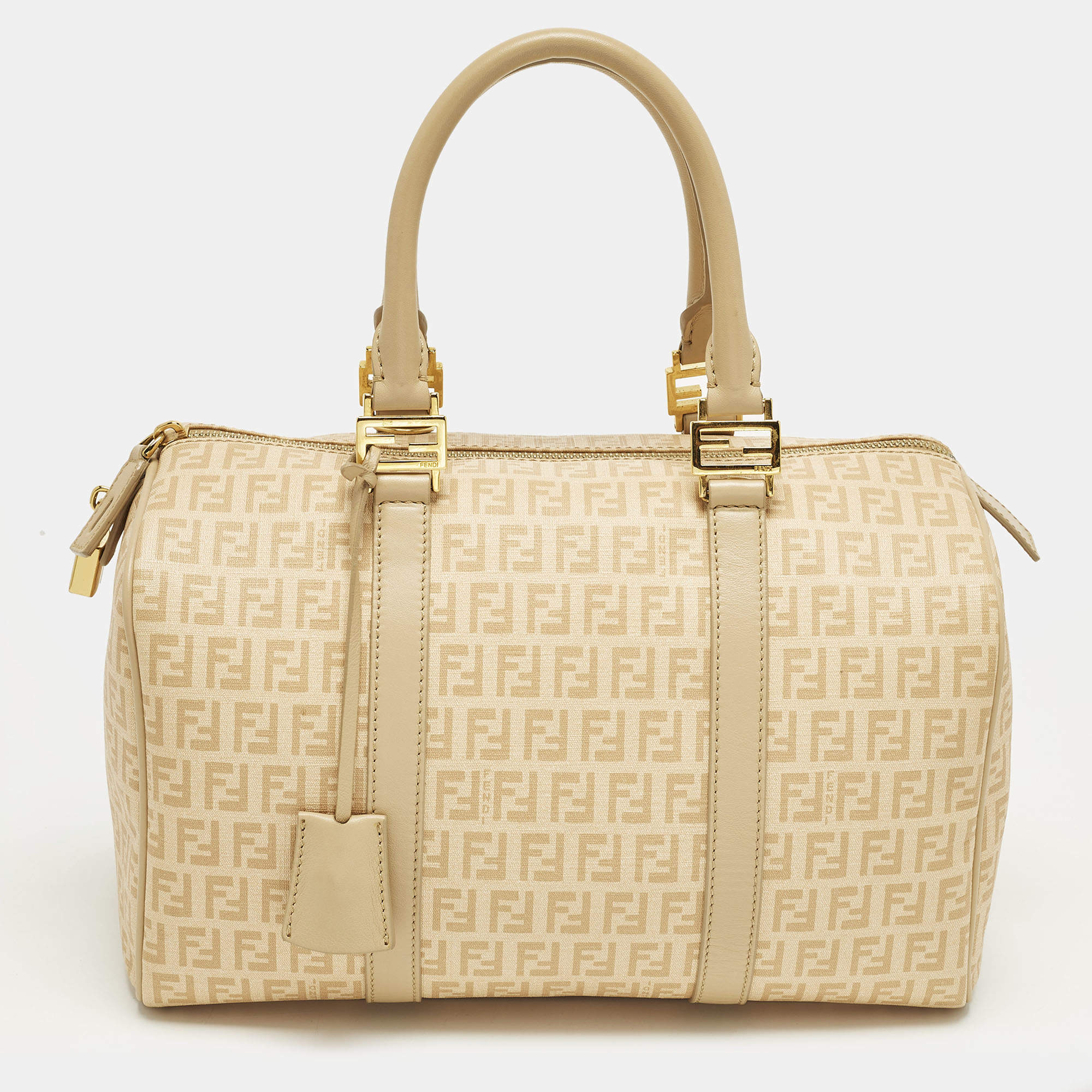 Pre Owned Fendi Forever Bauletto Medium Beige Zucchino Spalmati Canvas Boston Bag