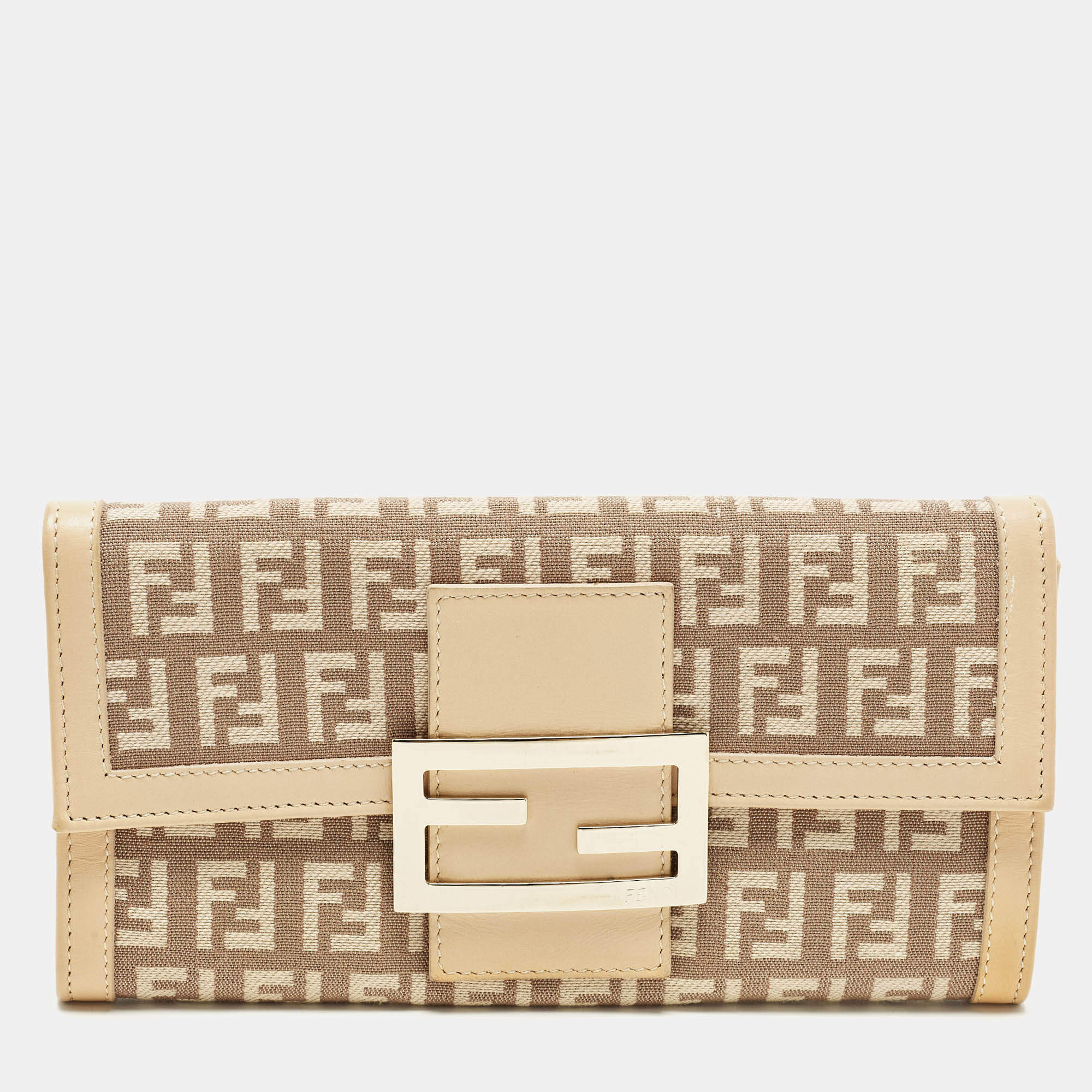 Pre Owned Fendi Beige Zucchino Canvas and Leather Forever Flap Continental Wallet
