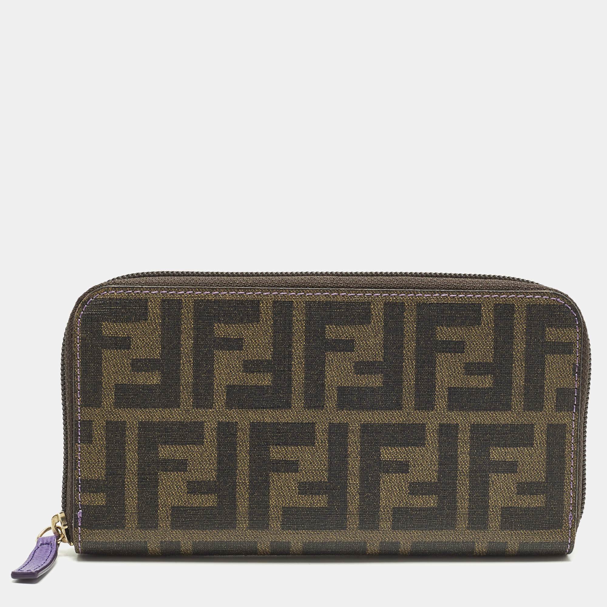 Pre Owned Fendi Tobacco/Purple Zucca Coated Canvas Zip Around Wallet