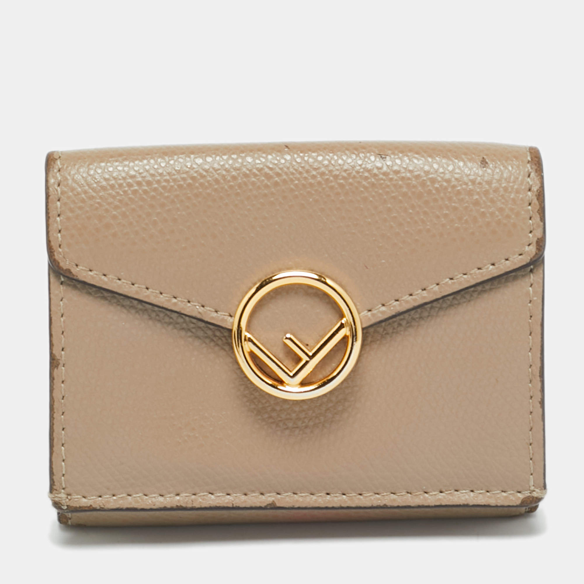 Pre Owned Fendi Baguette Micro Beige Leather Trifold Wallet