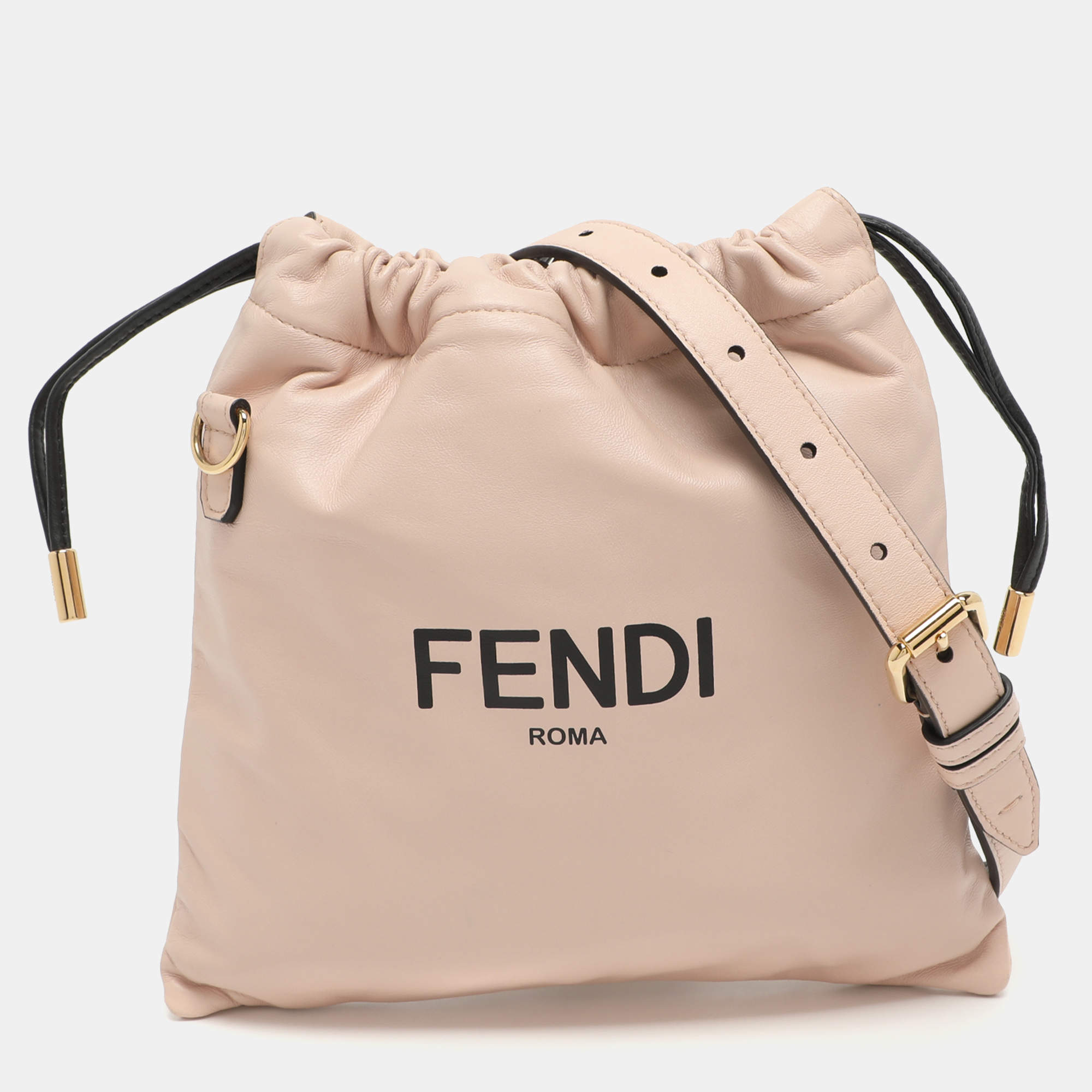Pre Owned Fendi Pink Leather Drawstring Crossbody Pouch