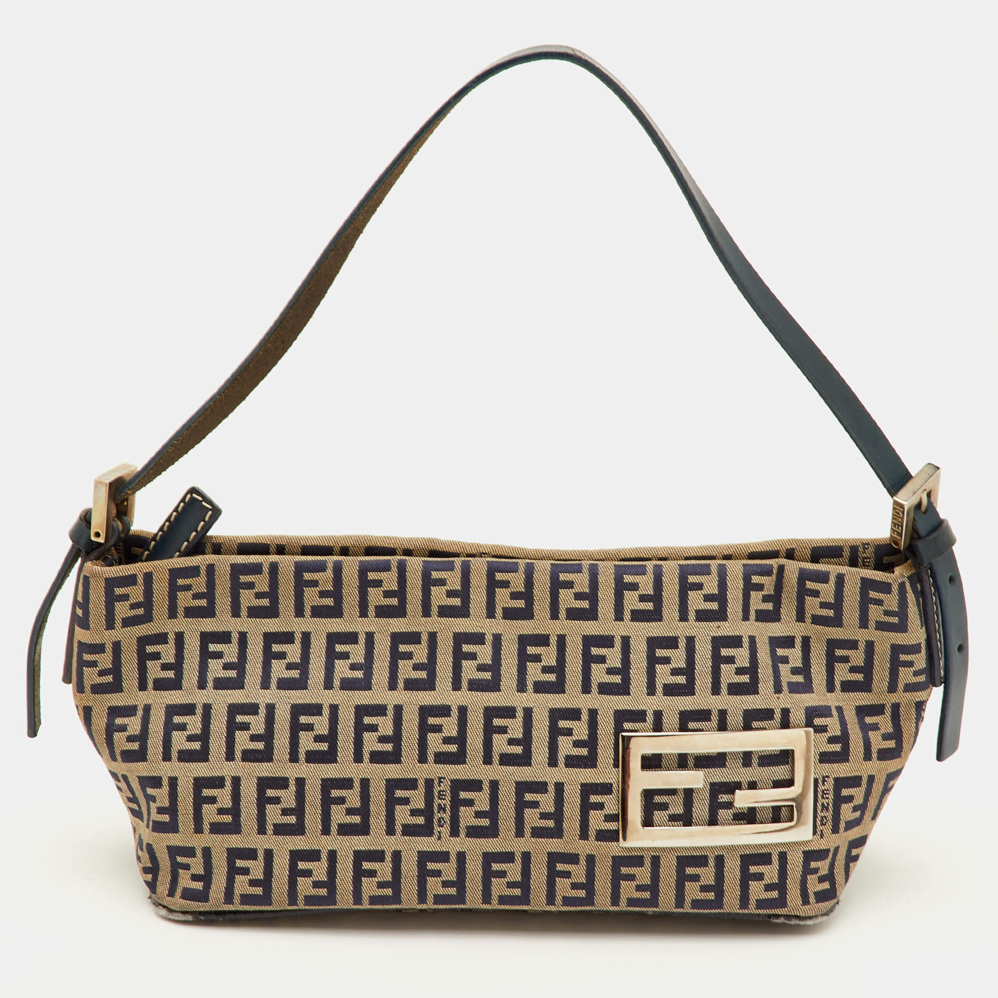 Pre Owned Fendi FF Baguette Navy Blue/Beige Zucchino Canvas and Leather Pochette Bag