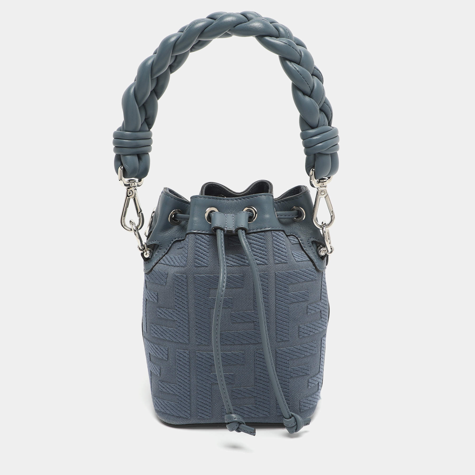 Pre Owned Fendi Mon Tresor Mini Blue Canvas Leather Bucket Bag