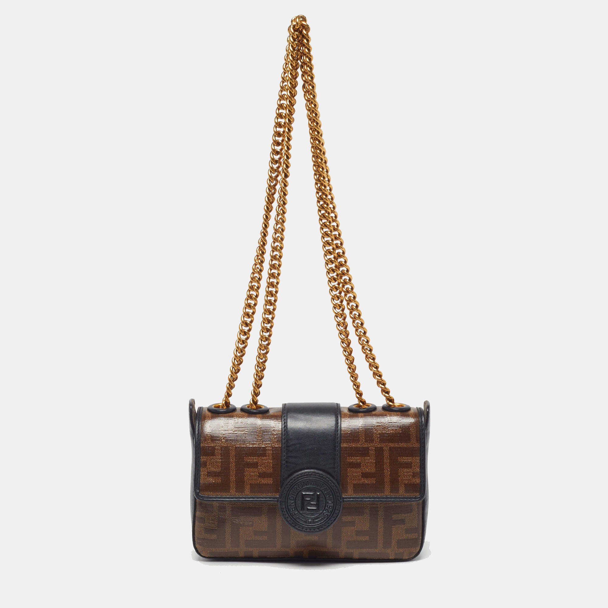 Pre Owned حقيبة كتف فندي زوكا مطلية قماش أسود/بني صغيرة 1974