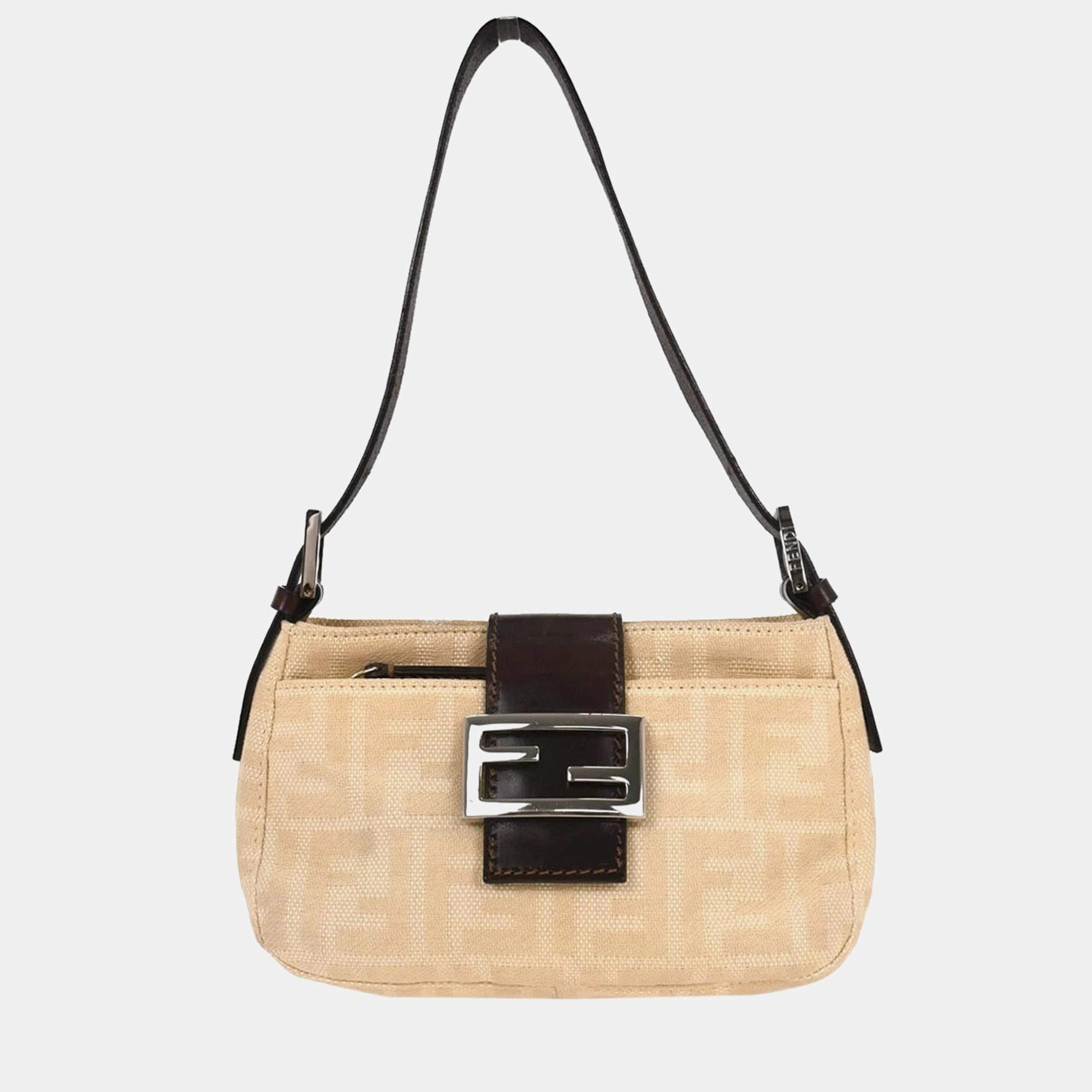 Pre Owned Fendi Beige Linen Zucca Handbag