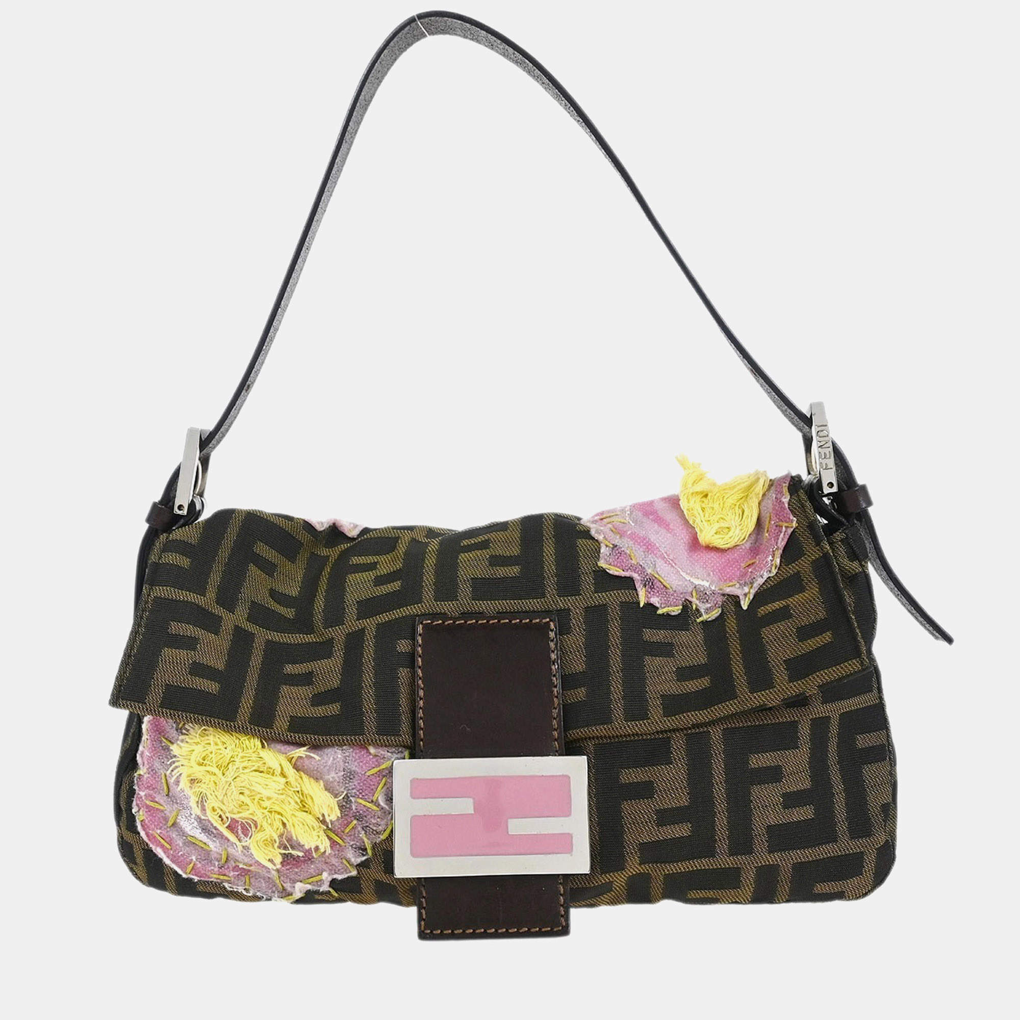 Pre Owned Fendi Brown Zucca Floral Embroidered Baguette Handbag