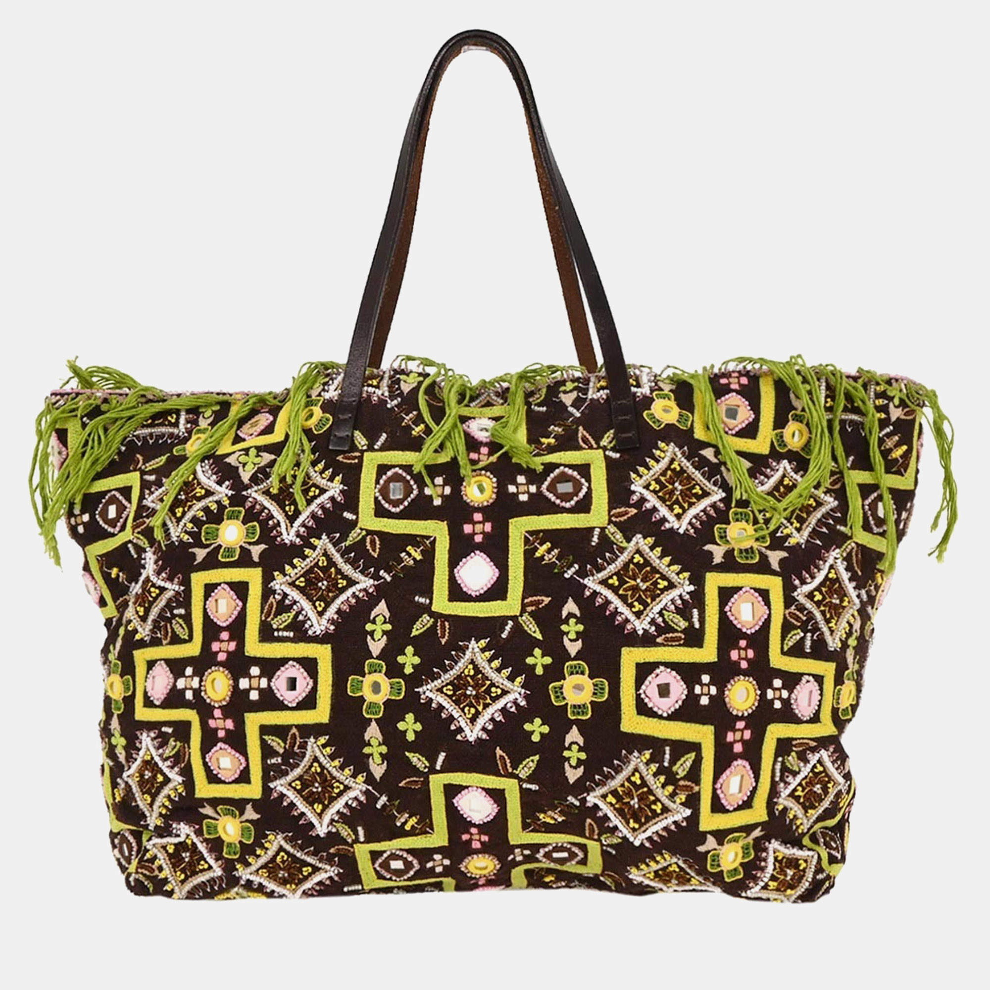 Pre Owned Fendi Brown Canvas Beads Embroidered Tote Handbag