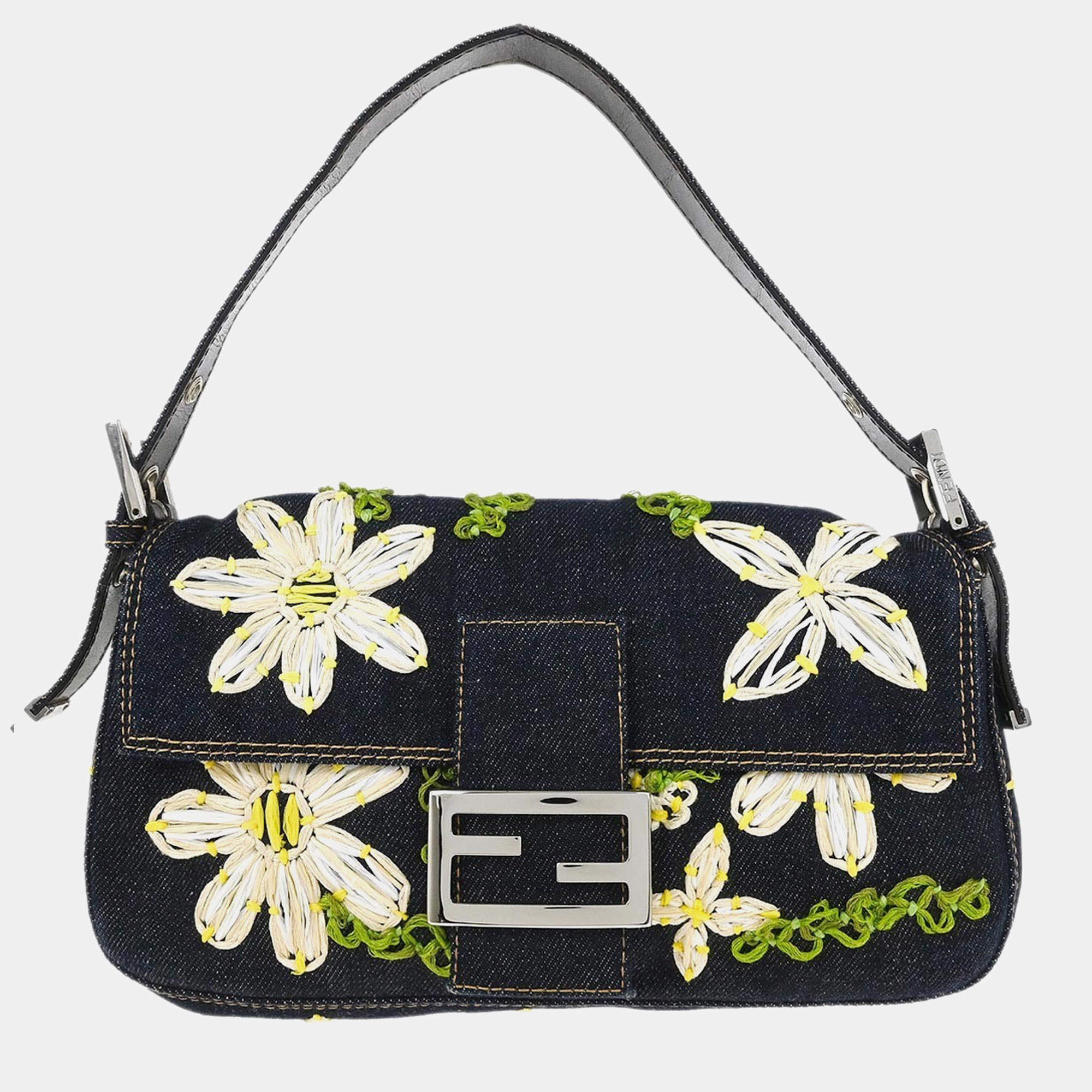 Pre Owned Fendi Navy Denim Flower Embroidered Baguette Handbag
