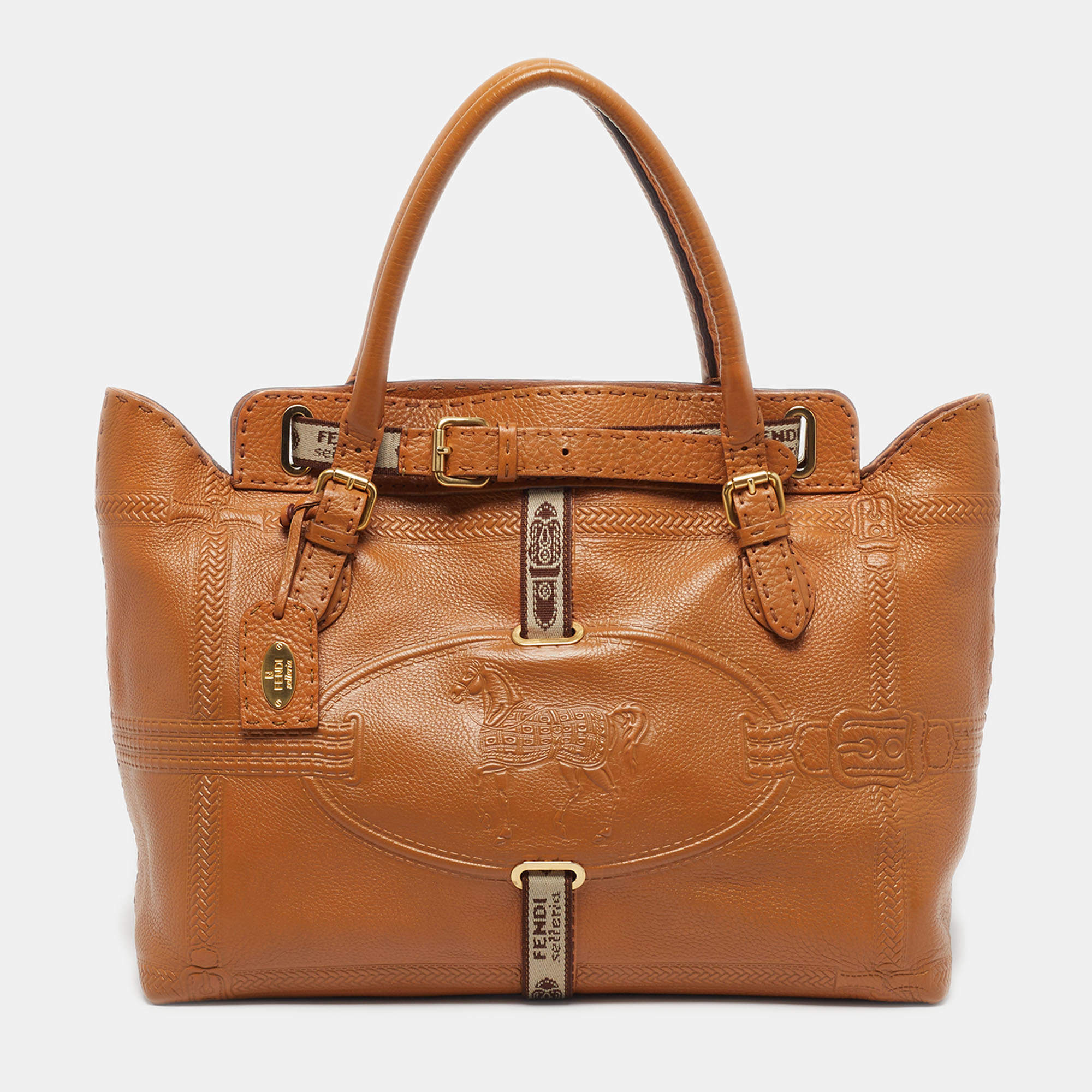 Pre Owned Fendi Villa Borghese Grand Tan Selleria Leather Tote