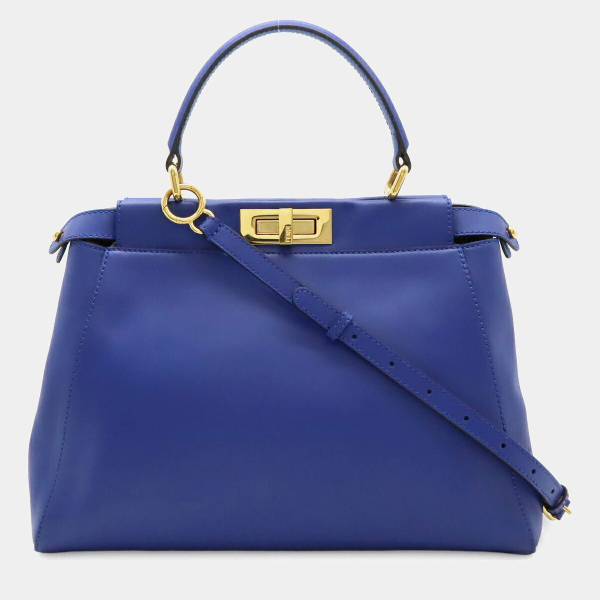 Pre Owned Fendi Peekaboo Regular Handbag/Tote/Shoulder Bag In Blue Leather