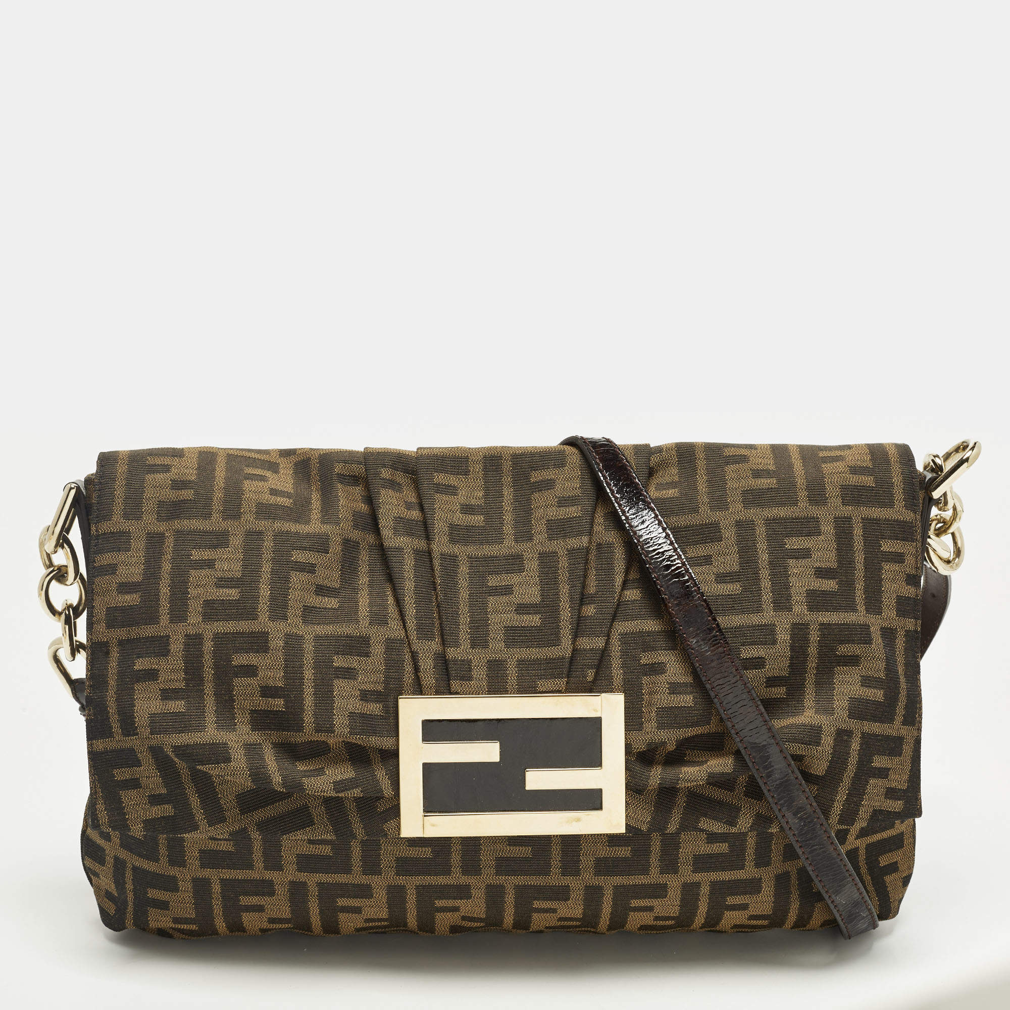 مملوكة مسبقًا Fendi Mia Flap Tobacco Zucca Canvas and Patent Leather Shoulder Bag
