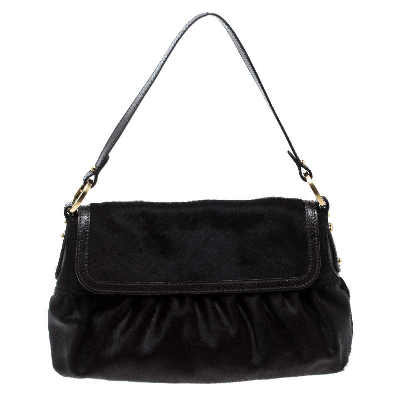 Pre Owned Fendi Dark Brown Pony Hair Chef Shoulder Bag