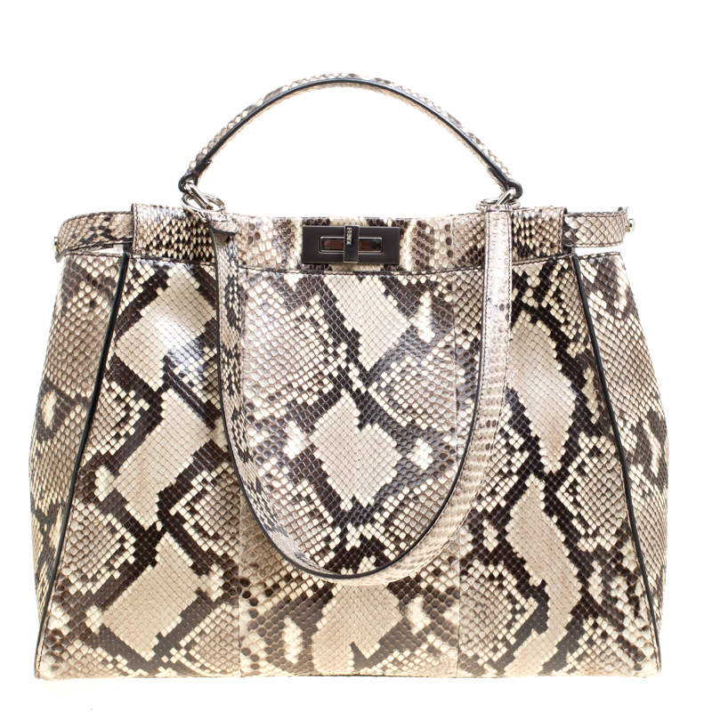 Pre Owned Fendi Beige Python with Suede and Python Lining Large Peekaboo Top Handle Bag