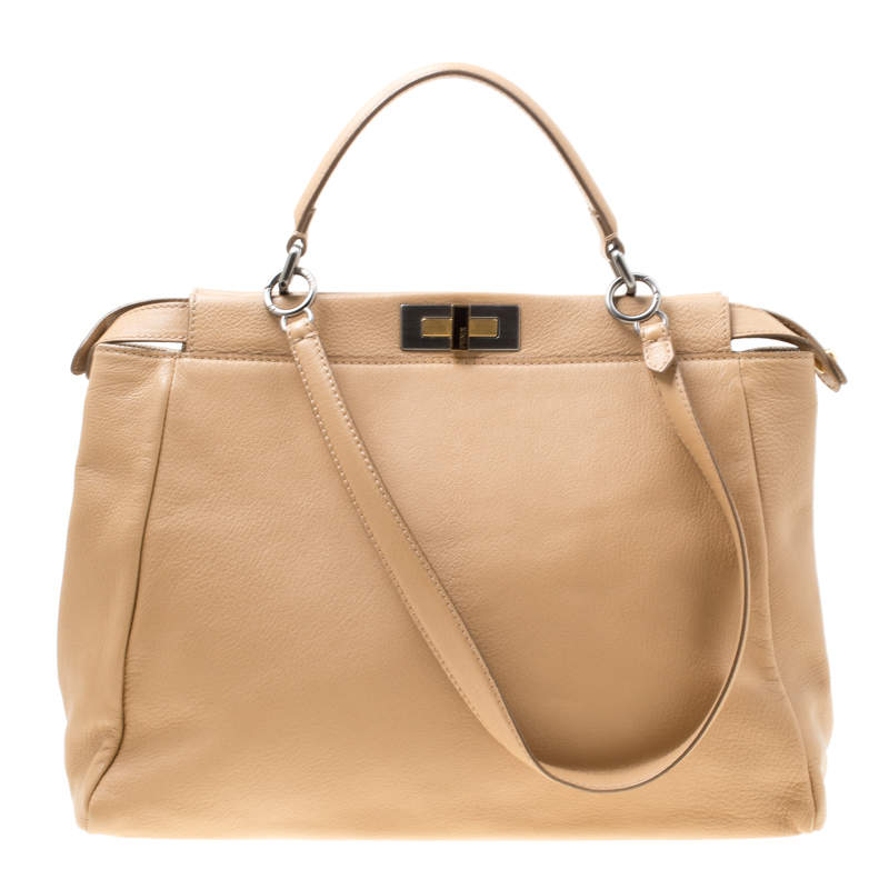 Pre Owned Fendi Beige Leather Large Peekaboo Top Handle Bag