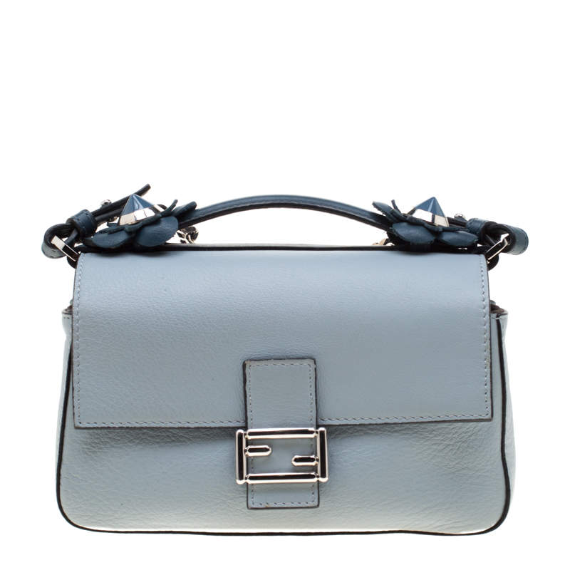 Fendi Blue Flowerland Leather Double Micro Baguette Bag
