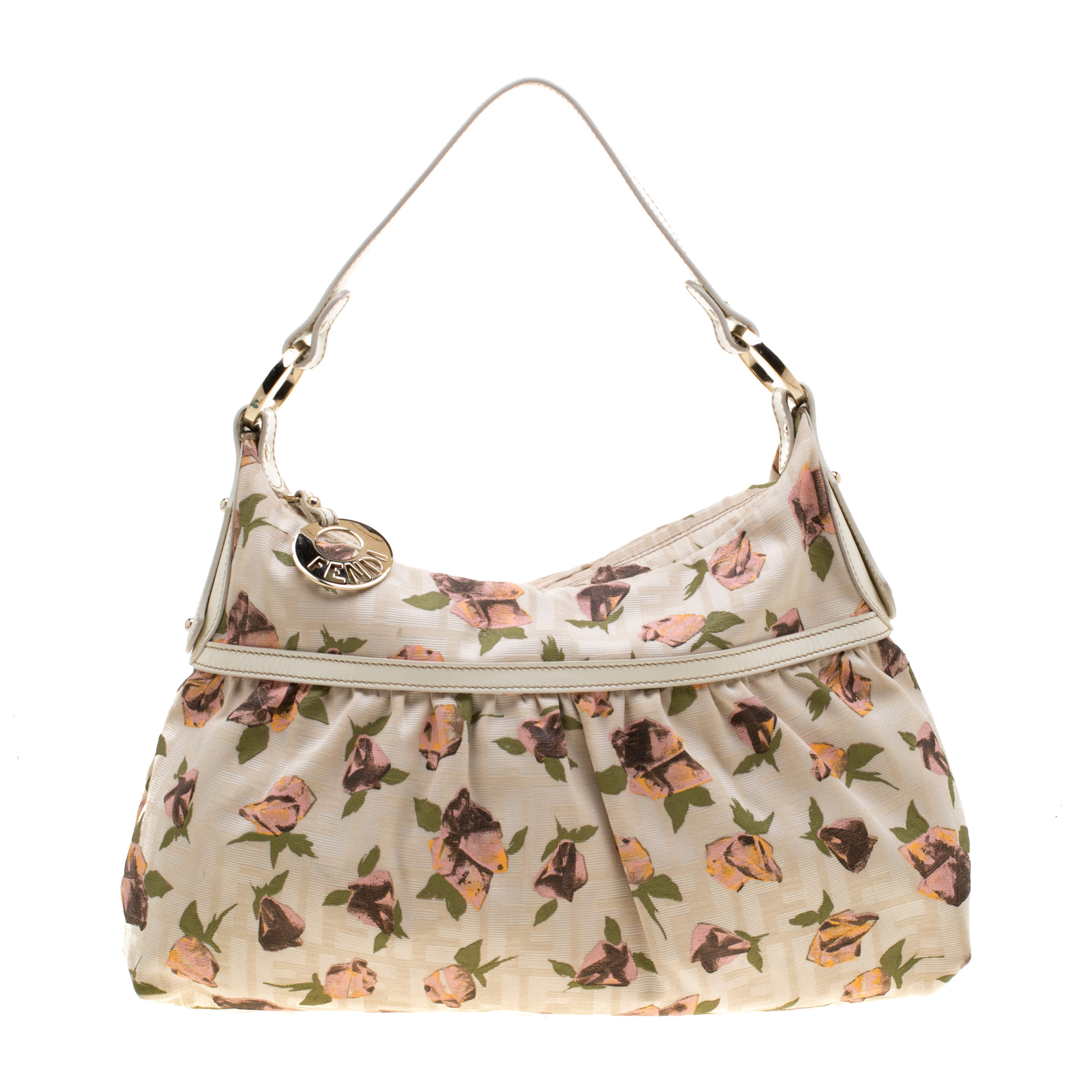 Pre Owned Fendi Beige Floral Print Zucca Canvas Chef Shoulder Bag