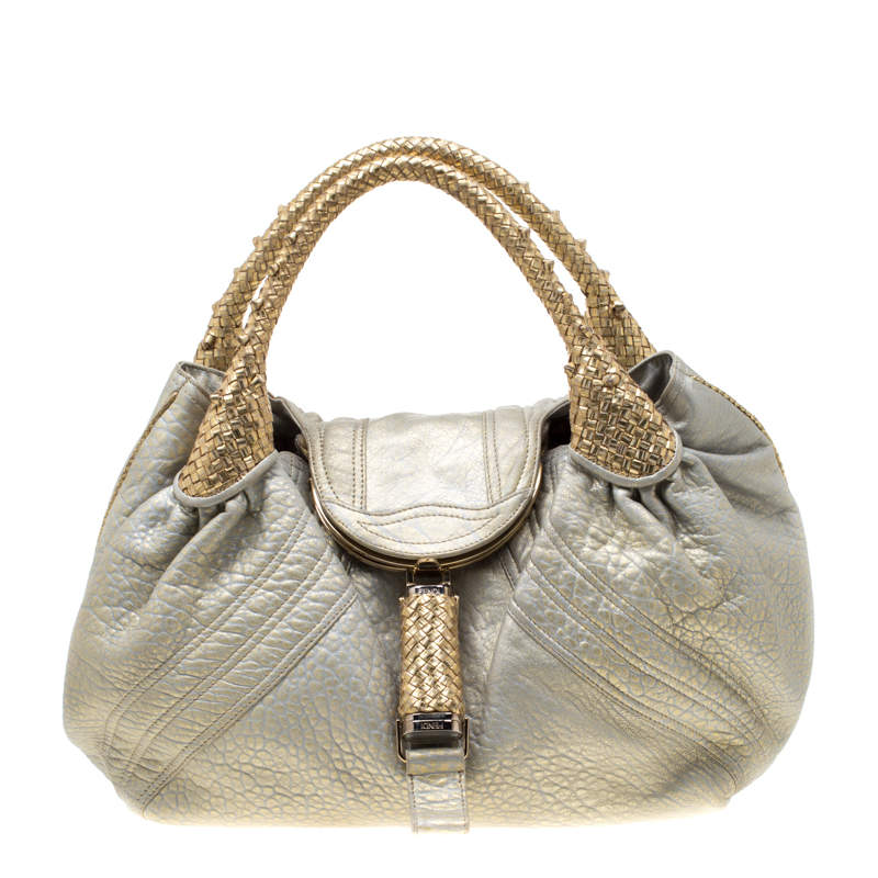 Pre Owned Fendi Gold Holographic Textured Leather Spy Bag
