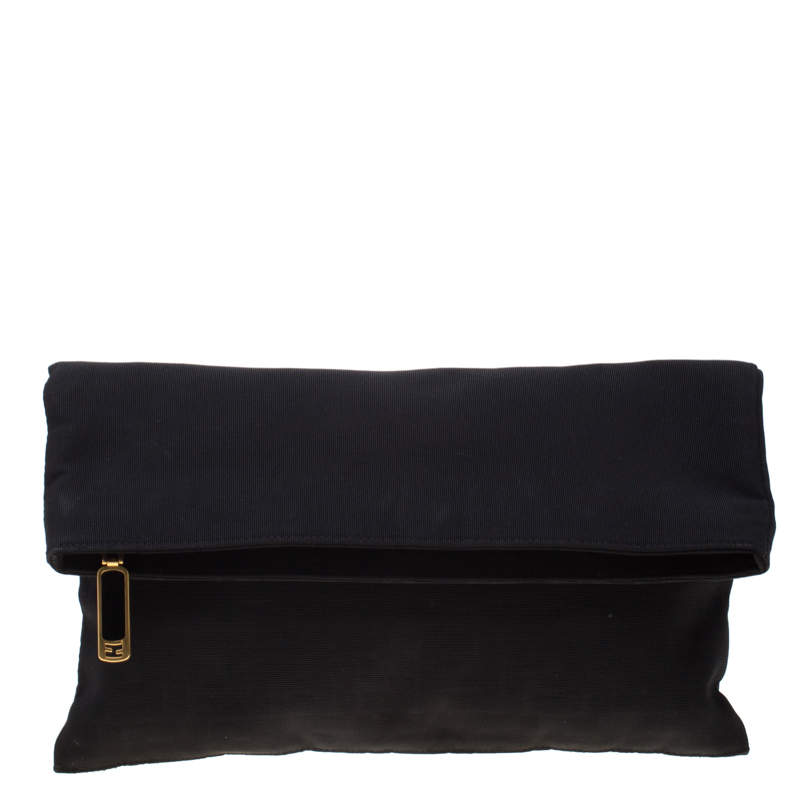 Pre Owned Fendi Black Zucca Fabric Fold Over Clutch 