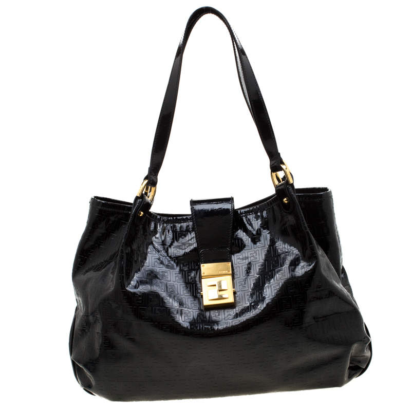 Pre Owned Fendi Black Zucchino Patent Leather Chiusura Tote