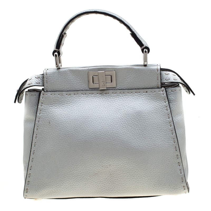 Fendi Silver Leather Selleria Mini Peekaboo Top Handle Bag Fendi Tlc