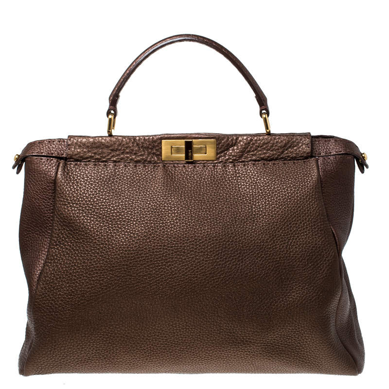 Pre Owned Fendi Metallic Brown Selleria Leather Large Peekaboo Top Handle Bag