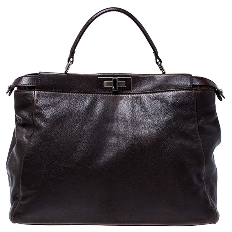 Pre Owned Fendi Dark Brown Leather Large Peekaboo Top Handle Bag