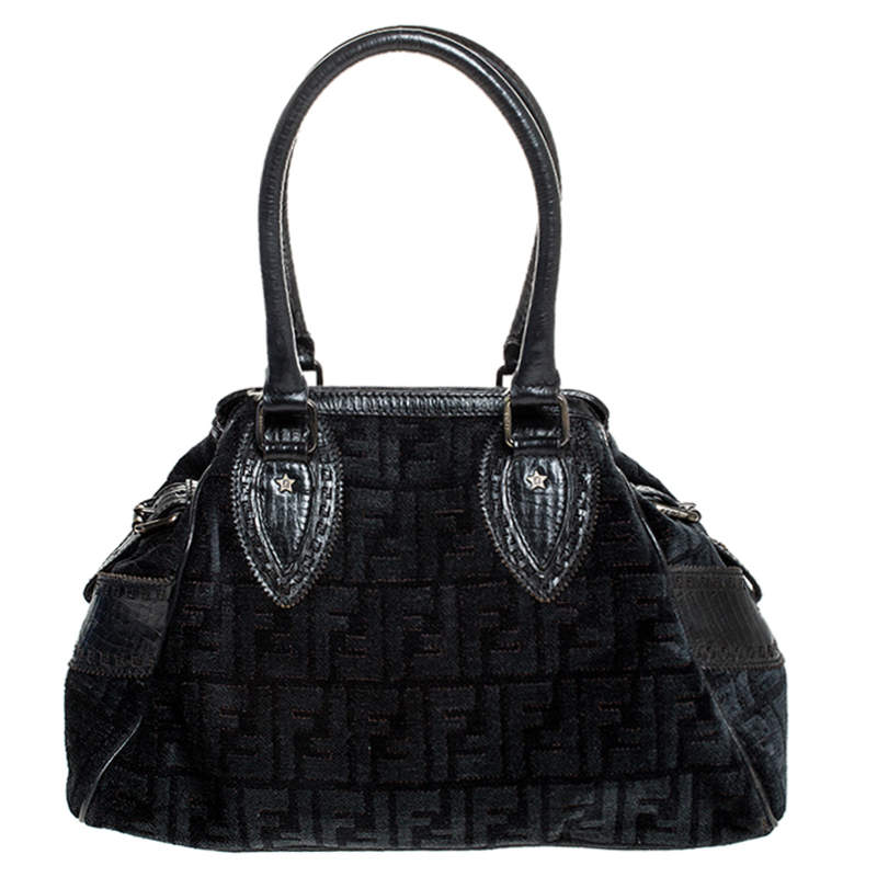 Pre Owned Fendi Black Zucchino Jacquard Etniko Satchel