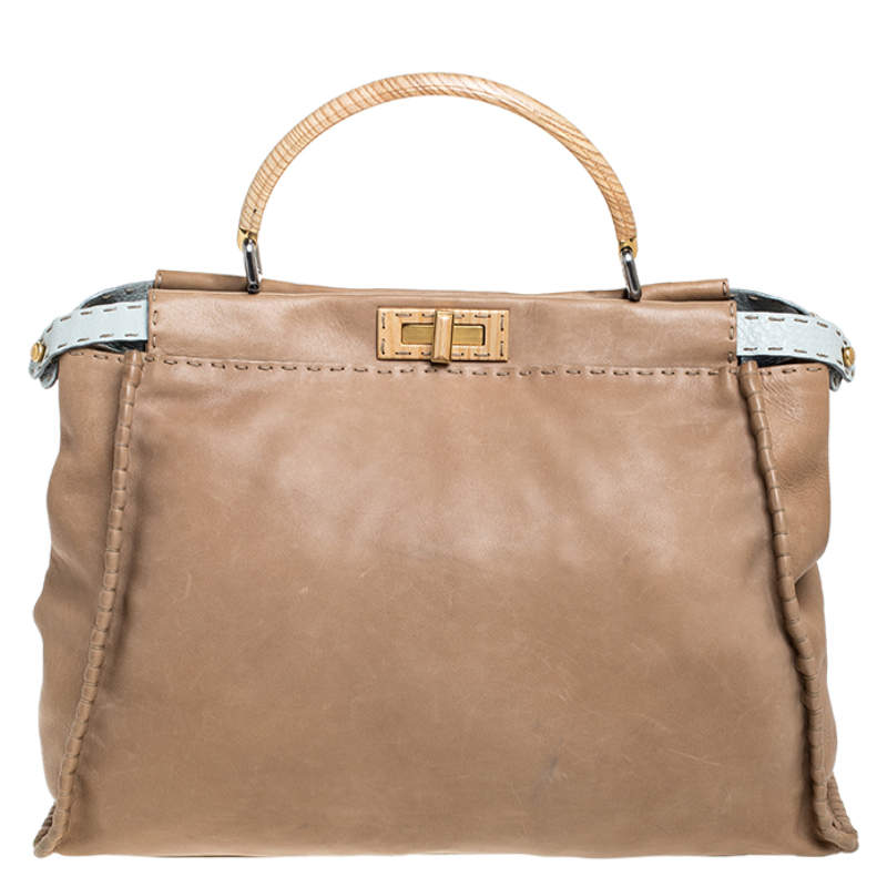 Pre Owned Fendi Beige Leather Large Selleria Peekaboo Top Handle Bag