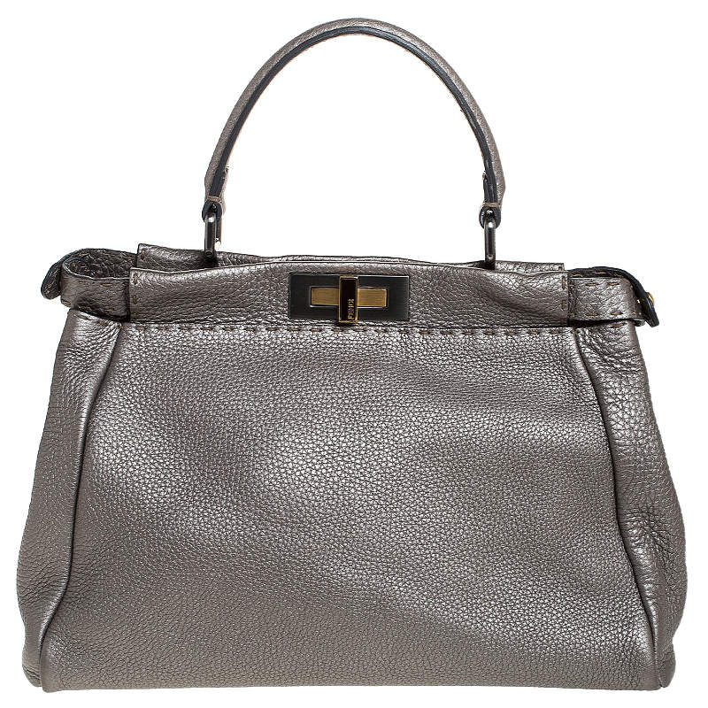 Pre Owned Fendi Metallic Grey Selleria Leather Medium Peekaboo Top Handle Bag
