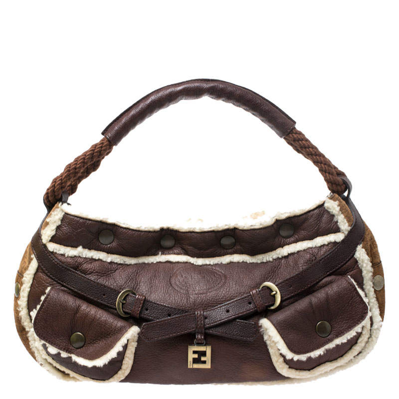 Pre Owned Fendi Brown Leather and Suede Shearling Hobo
