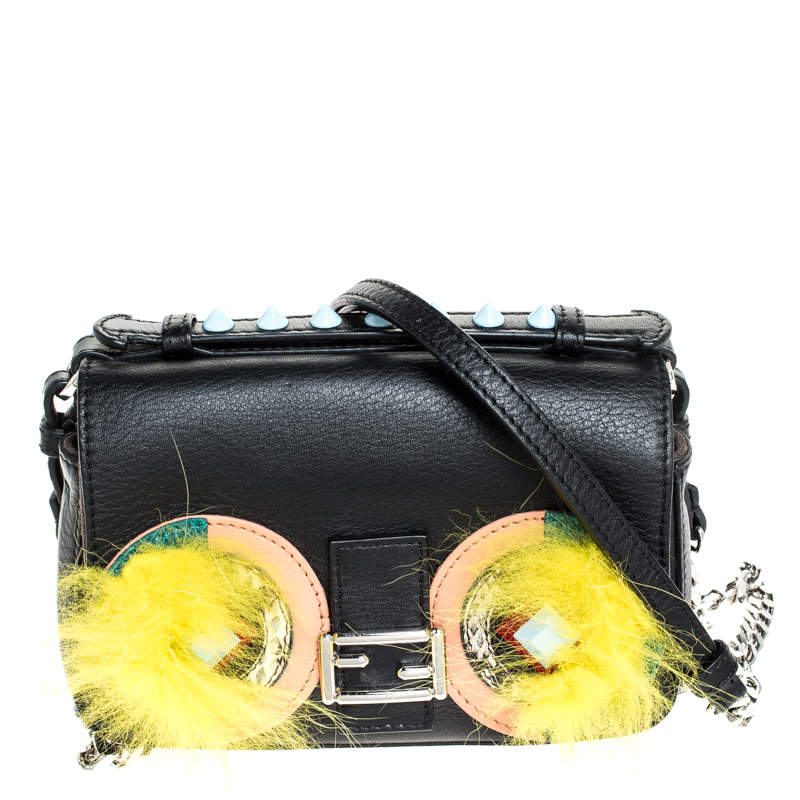 Pre Owned Fendi Multicolor Fox and Snakeskin Trimmed Leather Double Micro Baguette Bag