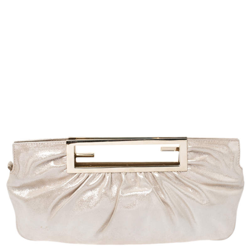Pre Owned Fendi Metallic Beige Leather Cutout Handle Clutch