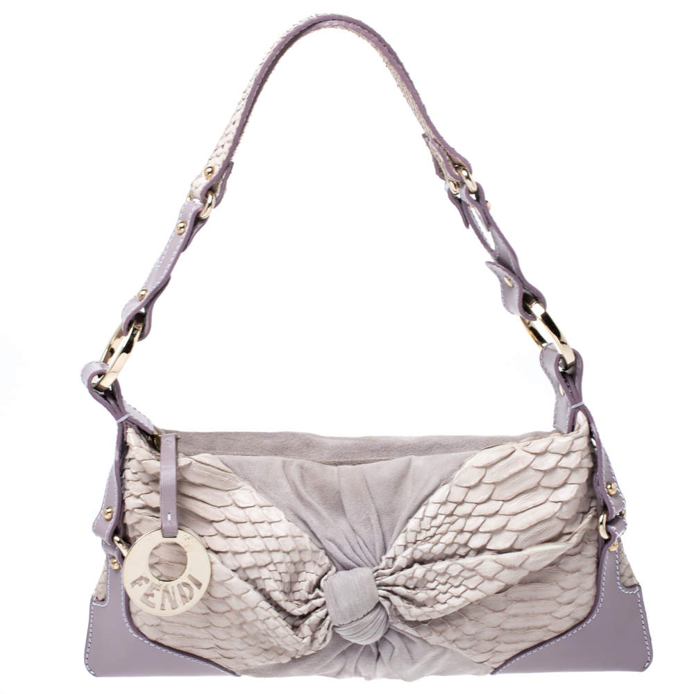Pre Owned Fendi Lavender Python,Suede and Leather Knot Shoulder Bag