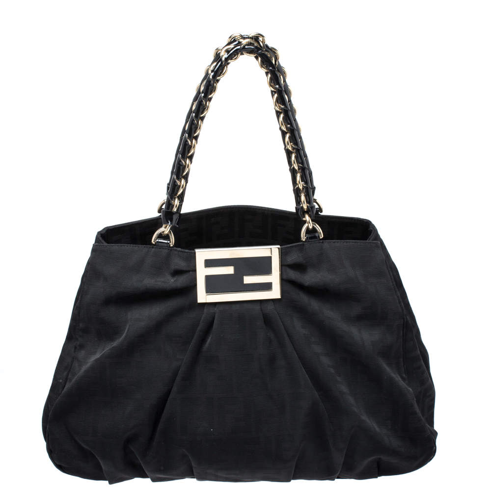 Pre Owned Fendi Black Zucca Canvas Large Mia Shoulder Bag