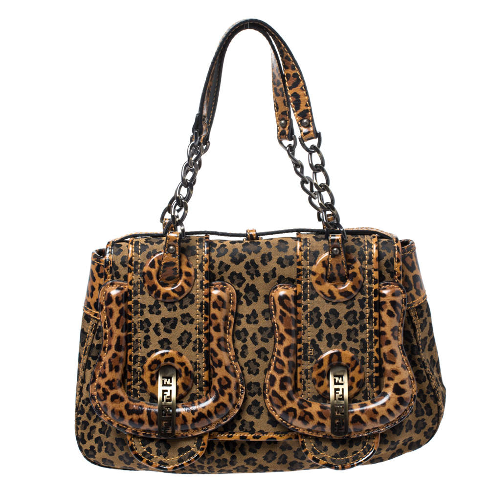 Pre Owned Fendi Brown/Black Leopard Print Fabric and Leather B Shoulder Bag