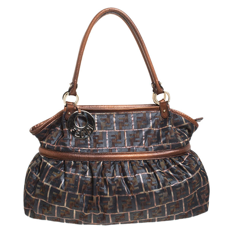 Pre Owned Fendi Brown/Black Zuccha Lame Fabric and Leather Chef Tote
